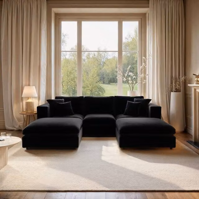 Solace+Co Asher U Shape Corner Sofa Bundle in Black Velvet with Matching Ottoman and Scatter Cushions – 1