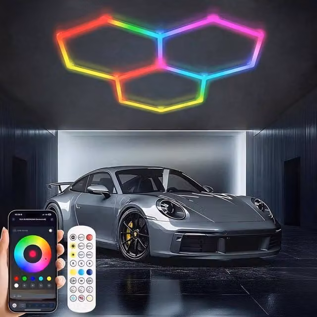 Kelvenix RGB 3-Piece Hexagon LED Ceiling Lighting Set in White with Remote Control for Garage and Detail Studios