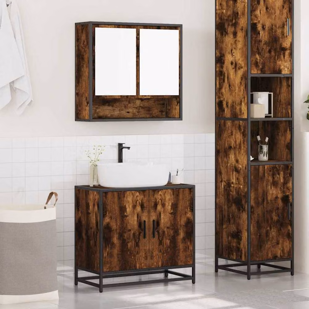 Berkfield Home 2 Piece Industrial Bathroom Furniture Set including Vanity Unit and Mirror Cabinet in Smoked Oak Brown – 3