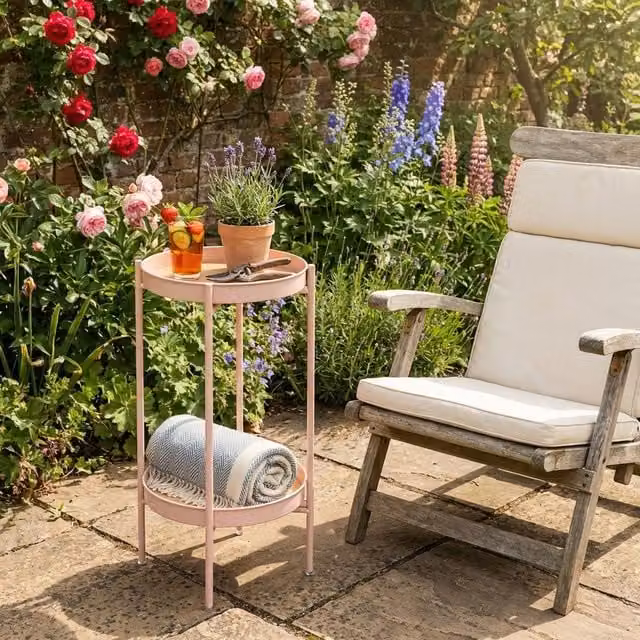 Noa and Nani Pink Round Small Metal Outdoor Side Table for Garden, Balcony or Terrace