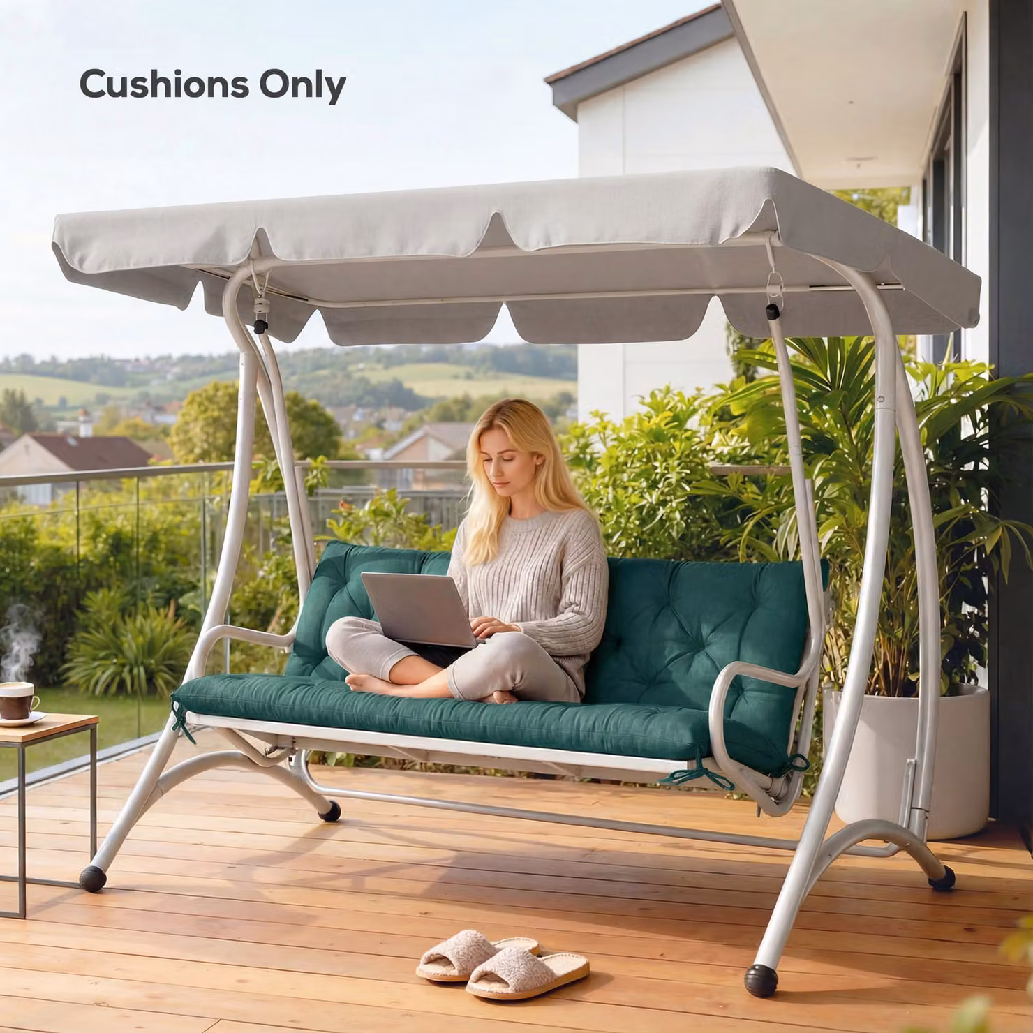 Outsunny 3 Seater Garden Bench Cushion with Back and Ties, Green, W: 150 cm, H: 98 cm – 7