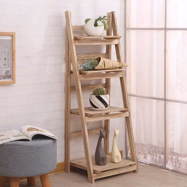 KORVIXA 4 Tier Foldable Wooden Ladder Shelf Planter Stand in Brown, W/D/H: 60 x 34.5 x 110 cm – 1