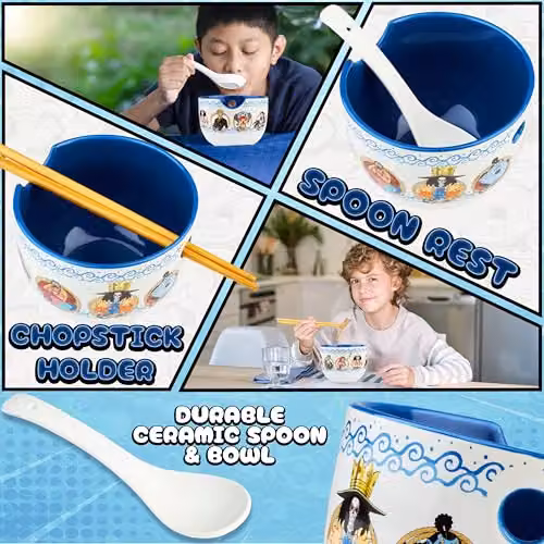 Get Trend One Piece Ramen Bowl Set in Multicolour, 600ml Ceramic Bowl with Spoon and Bamboo Chopsticks – 4