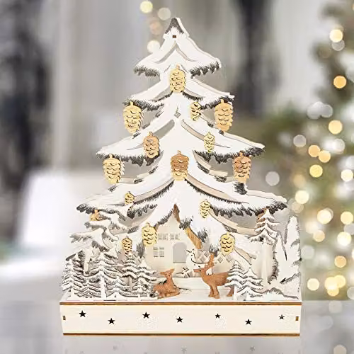 The Christmas Workshop Hand Crafted Wooden Festive Forest Scene Tabletop Decoration with Warm White LEDs in Brown and White – 4