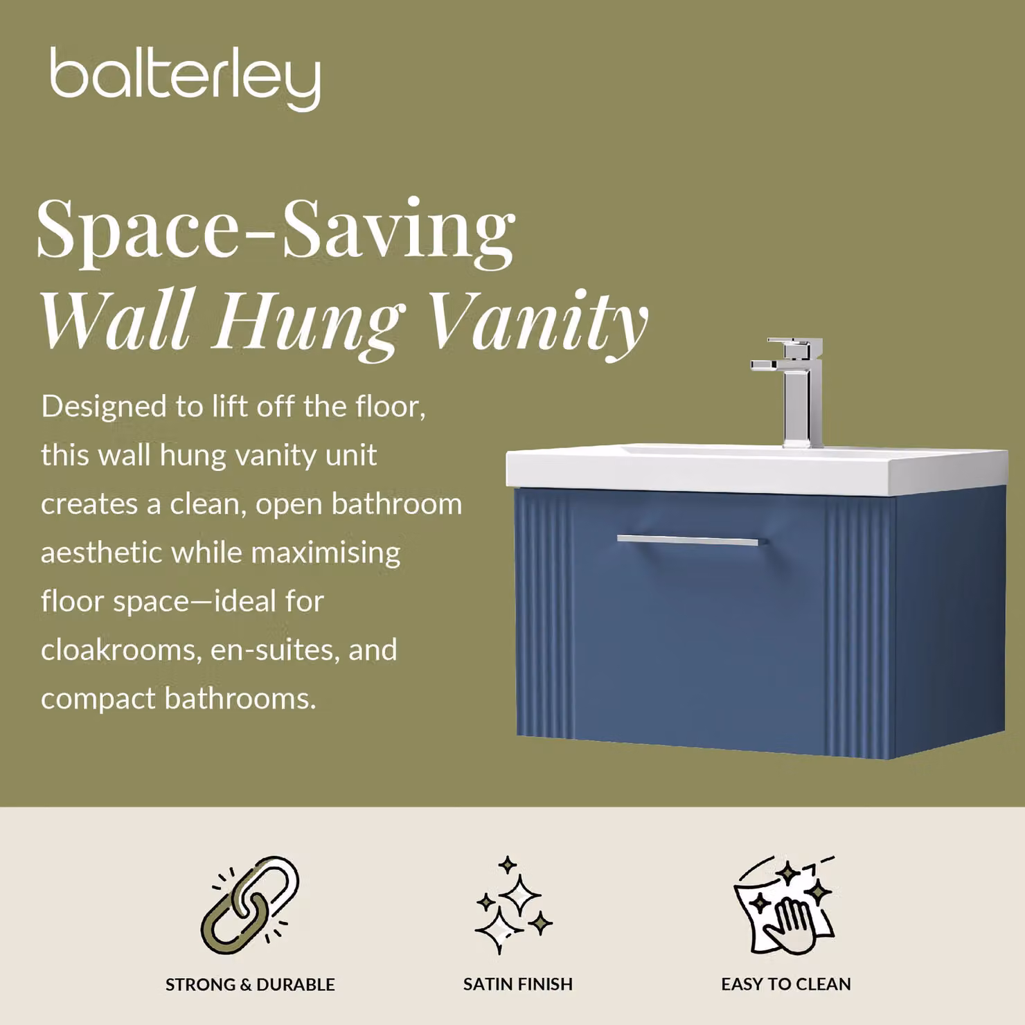Balterley Wall Hung 1 Drawer Vanity Unit with Mid-Edge Basin, Satin Blue, W: 60 cm, D: 39.9 cm, H: 60 cm – 2