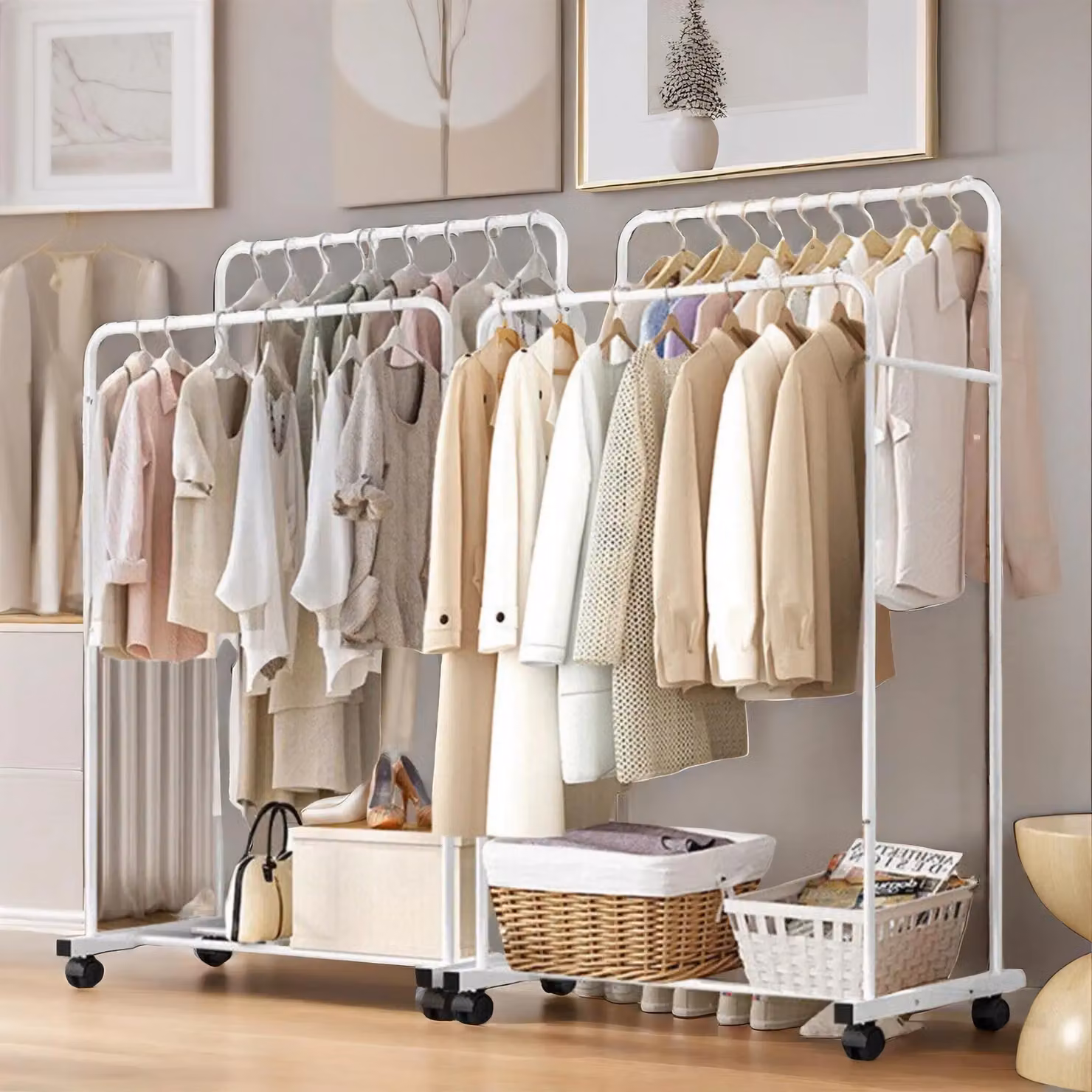 Pirlo Plush Heavy Duty Metal Clothes Rail Open Wardrobe with Storage Shelf on Wheels, White – 2