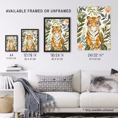 Artery8 Cute Tiger in Floral Tropical Jungle Watercolour Framed Wall Art Print, Multicolour, W: 21.0 cm, H: 29.7 cm – 3