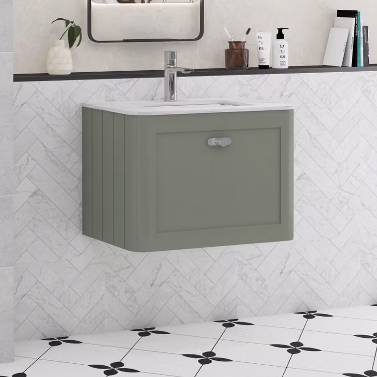 Royal Bathrooms Henley 600mm Sage Green Wall Hung Vanity Unit with Carrara White Stone Top and Chrome Knob