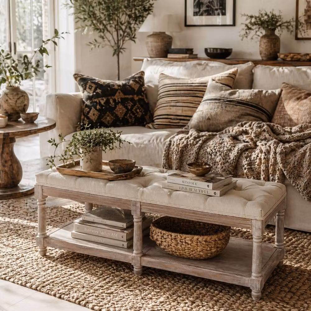 Wyld Haus Lono Cream Tufted 2 Tier Vintage Style Fabric and Wood Shoe Rack Storage Bench – 2