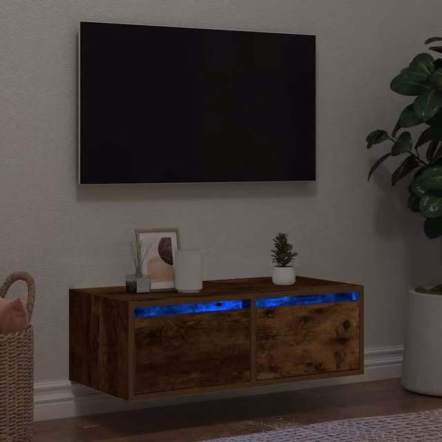 Berkfield Home TV Cabinet with LED Lights in Smoked Oak Brown, W: 75 cm, D: 35.5 cm, H: 25 cm – 1