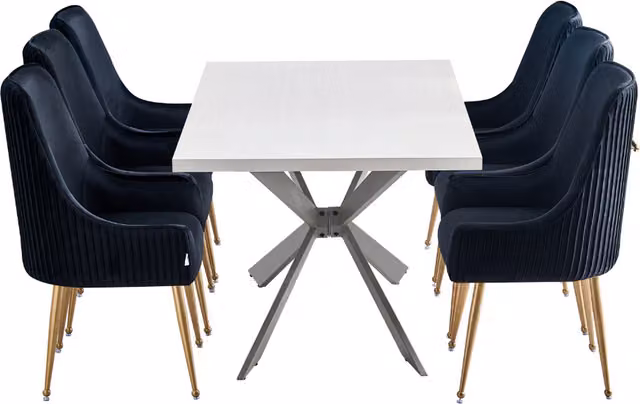 Life Interiors Soho Duke LUX Dining Set with Rectangular Table and 6 Black Velvet Upholstered Chairs with Gold Accents