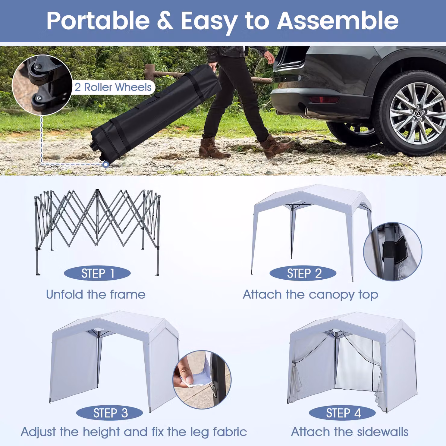Gymax White Pop Up Canopy Tent Folding Garden Gazebo W: 302 cm, D: 302 cm, H: 265 cm – 6