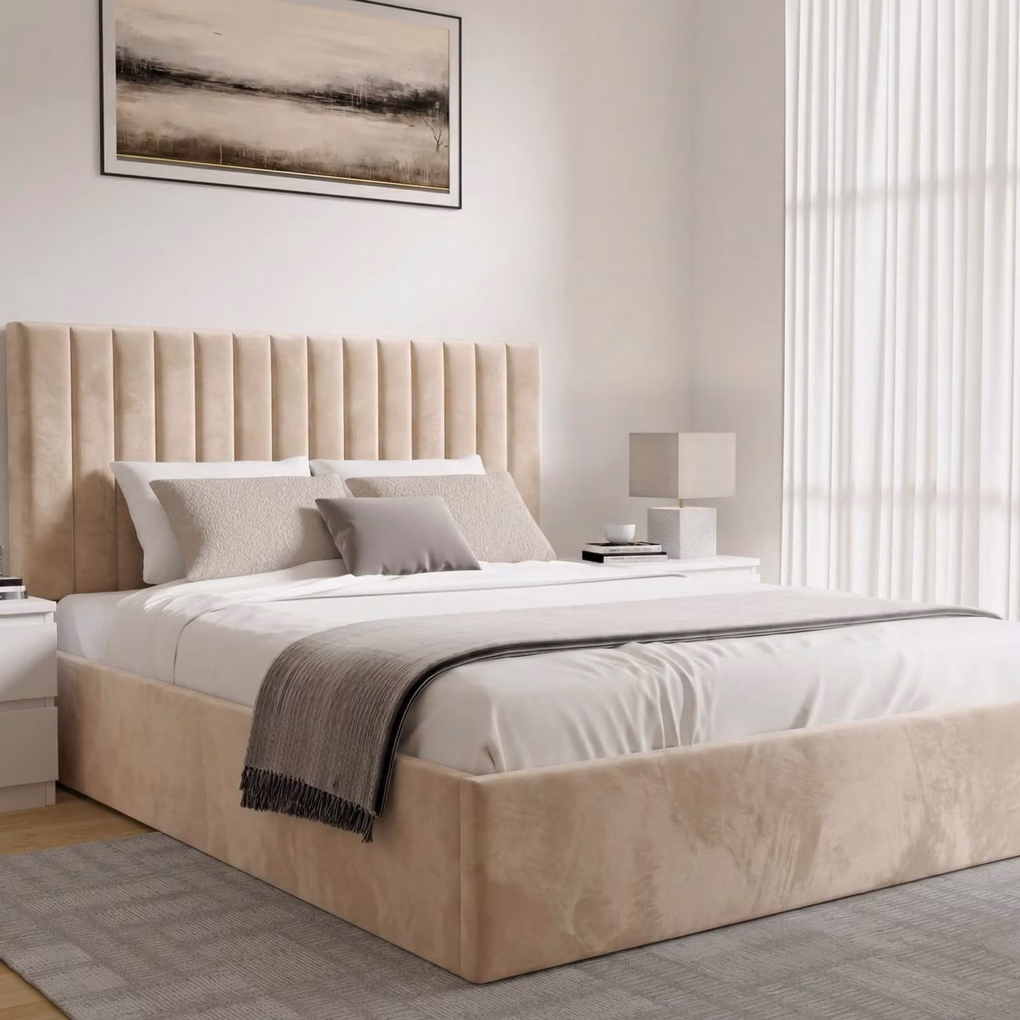 DHS Vertical Line Velvet Ottoman Storage Bed Frame in Beige, King Size (180 x 200 cm)