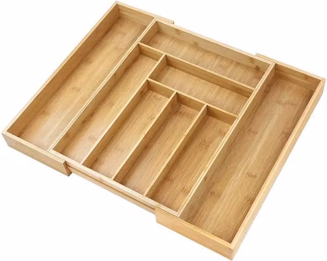 Kelvenix XLarge Bamboo Extending Cutlery Drawer Organiser with Compartments in Brown – 1