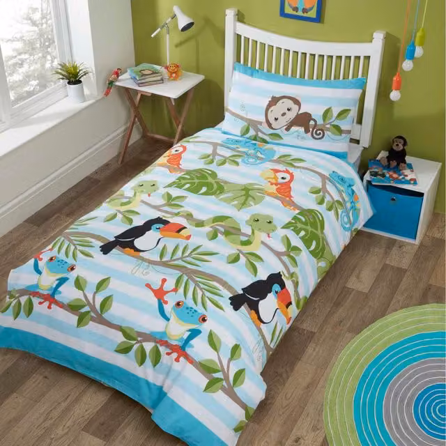 Rapport Home Rainforest Polycotton Duvet Set and Pillowcase with Animal Graphic Design in Blue, White and Multicolour