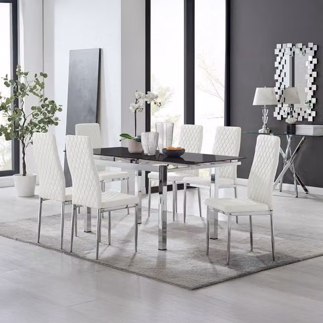 FurnitureboxUK Enna Black Glass Extending Modern Kitchen Dining Table and 6 White Milan Chairs