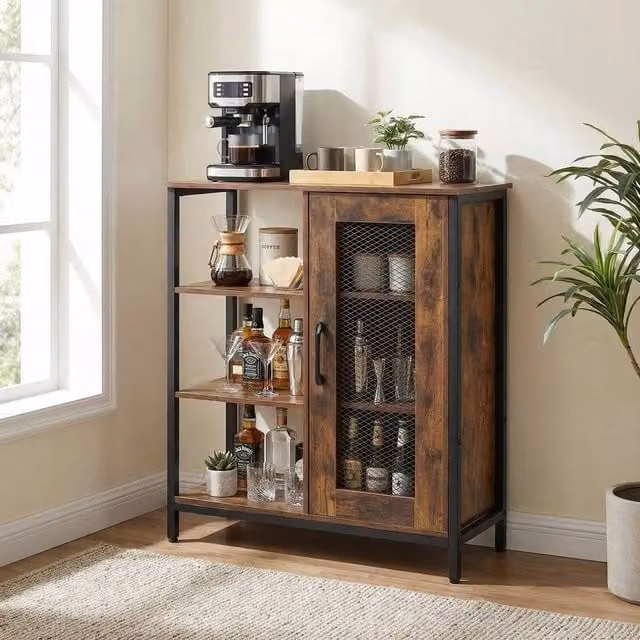 FORGEVIO Modern Brown Coffee Bar Cabinet with Carbon Steel Frame and Soft Close Hinged Doors