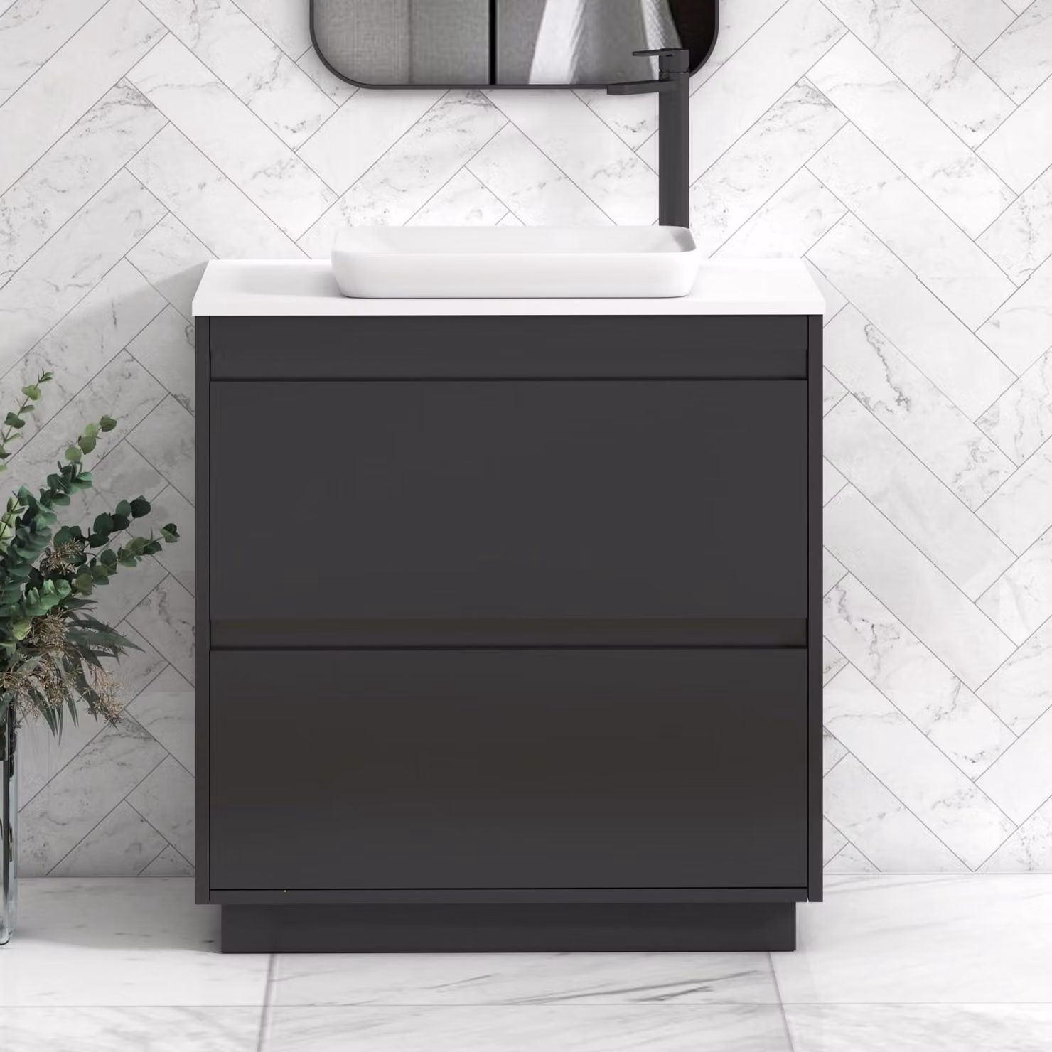 Royal Bathrooms Orion 800mm Matt Obsidian Black and Plain White Floor Standing Vanity Unit with Qubix Basin and 2 Drawers
