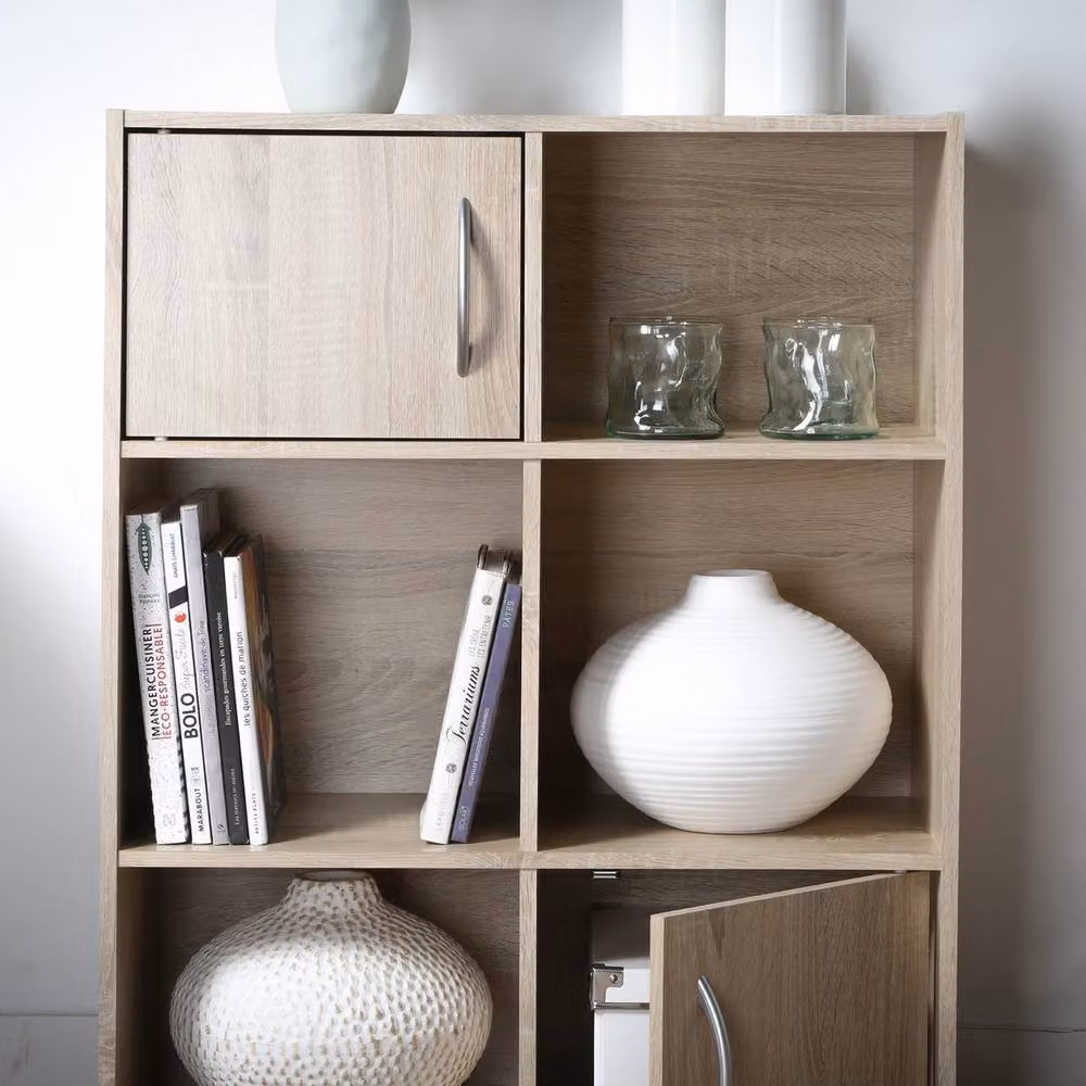 CALICOSY 6-Compartment Storage Shelf with 2 Doors in Light Brown, W/D/H: 61.5 x 29.5 x 80 cm – 4