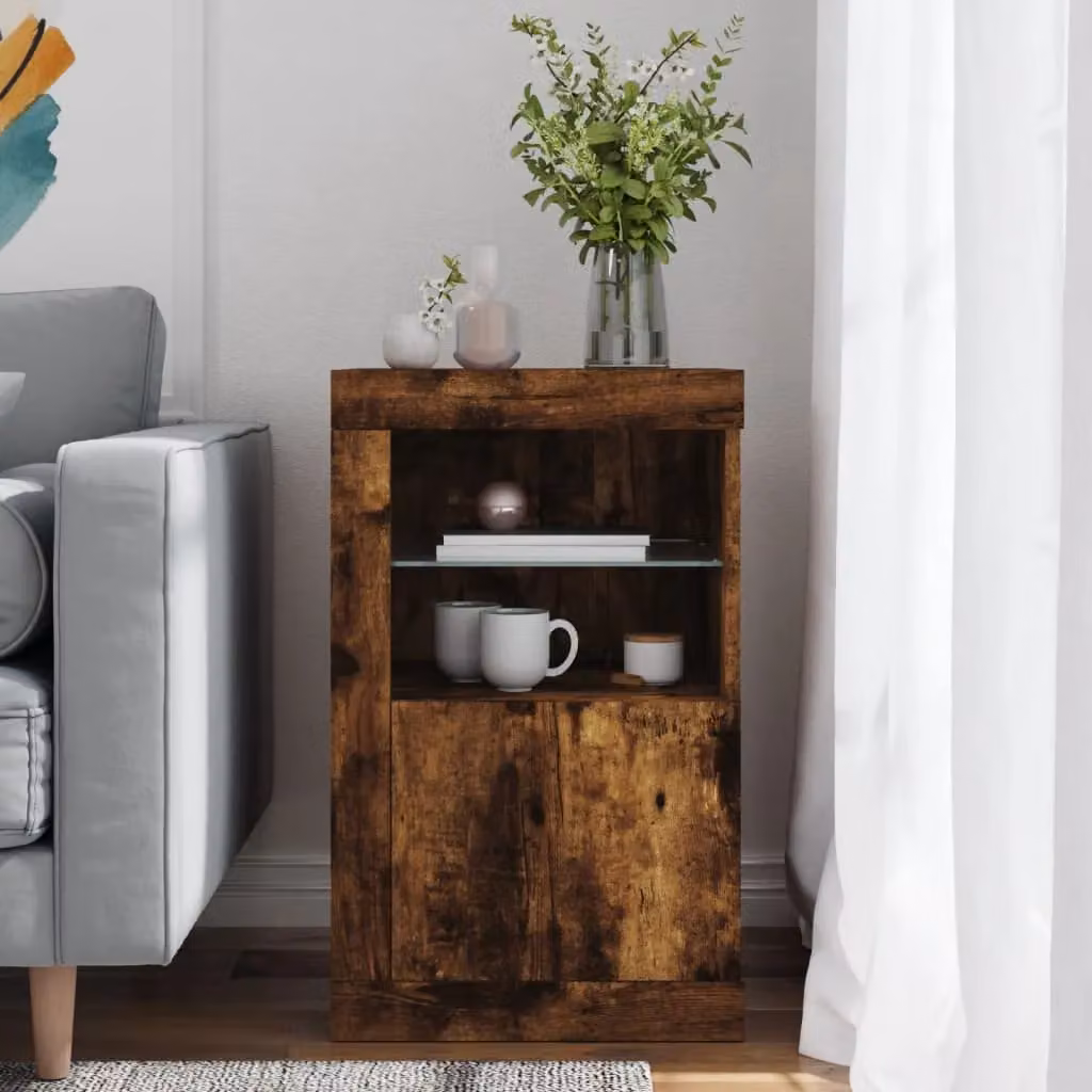 Berkfield Home Modern Side Cabinet in Smoked Oak with Integrated LED Lighting and Glass Doors, Brown – 3