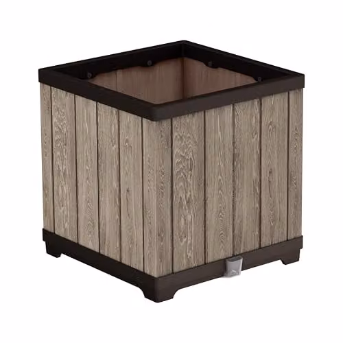 Keter Signature Square Planter in Brown, Self-Watering Plastic Tub for Indoor and Outdoor Use
