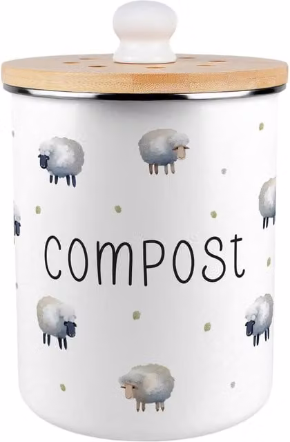 Purely Home Spring Sheep Metal Compost Caddy with Flip Lid, 2L, White or Green