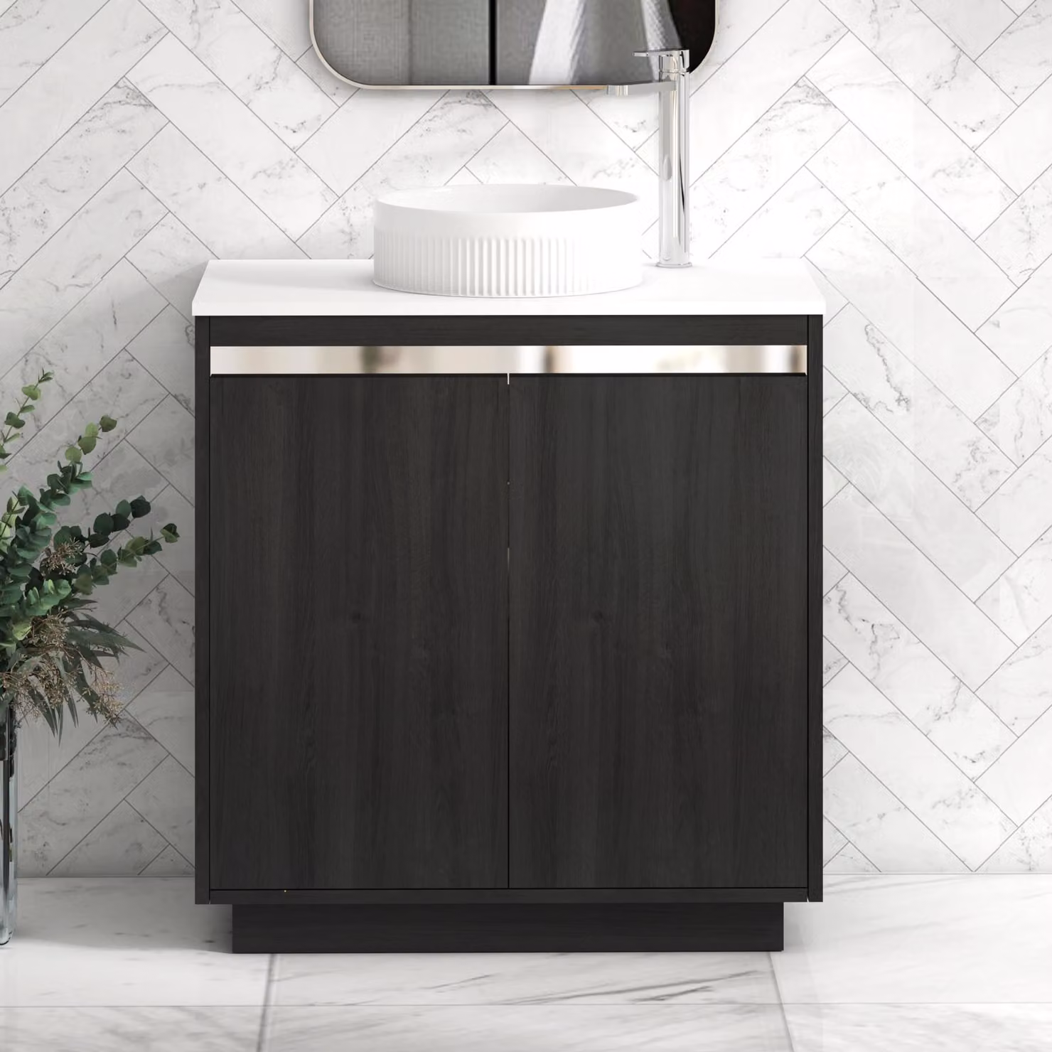 Royal Bathrooms Orion 800mm Hale Black and White Floor Standing 2 Door Vanity Unit with Round Basin and Chrome Accent Trim