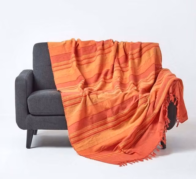 Homescapes Cotton Morocco Striped Woven Throw in Terracotta, W/D/H: 360 x 255 cm – 1