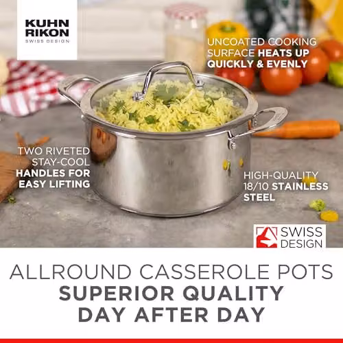 Kuhn Rikon Silver Stainless Steel Casserole Pot with Glass Lid, 2.3 l – 4