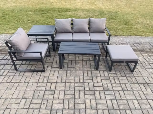 Fimous 5 Piece Aluminium Garden Furniture Set in Dark Grey with Cushions, 3 Seater Sofa, Armchair, Ottoman and Coffee Table
