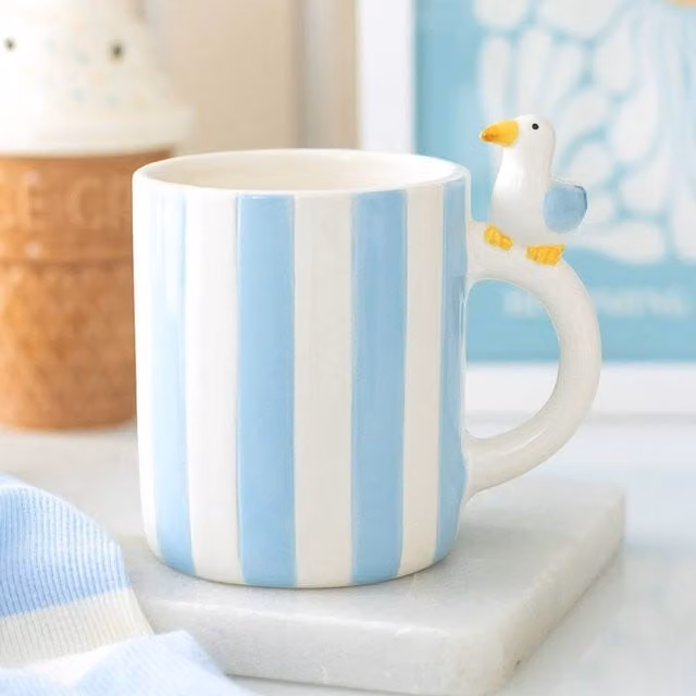 Uniqueful Striped Seagull Ceramic Mug in Blue, 370ml