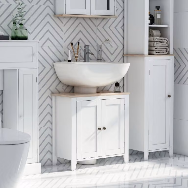 Kleankin White Modern Bathroom Pedestal Under Sink Storage Unit with 2 Hinged Doors and Internal Shelves