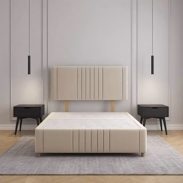 Regional Furnishings Small Double Upholstered Plush Velvet Divan Bed with 24 inch Headboard in Beige, W/D/H: 120 x 200 cm