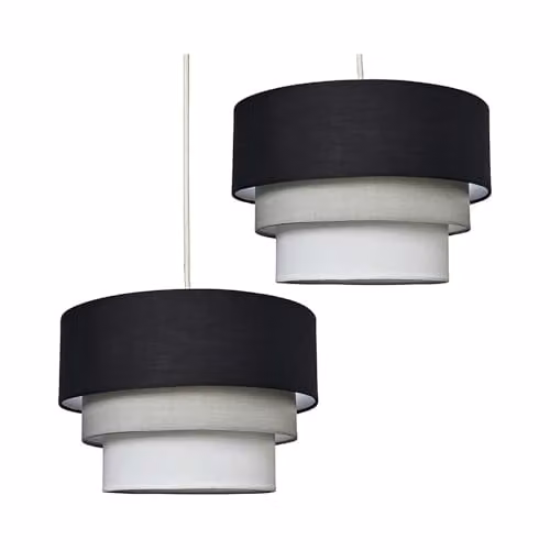 MiniSun Set of 2 Round Modern 3 Tier Fabric Ceiling Pendant Light Shades in Black, Grey and White, Shade Width: 30 cm