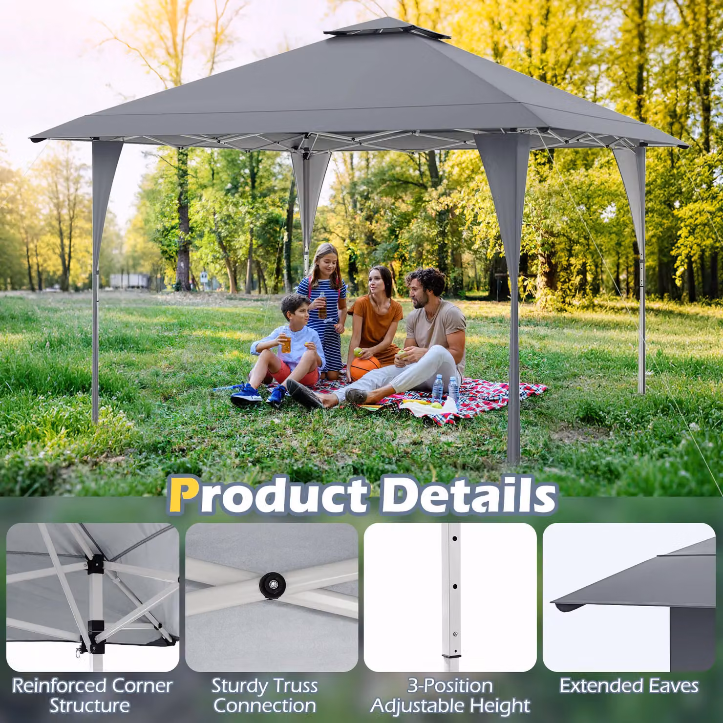 Costway Grey Pop Up Canopy Tent Outdoor Easy Setup Gazebo W: 395 cm, D: 395 cm, H: 284 cm – 4