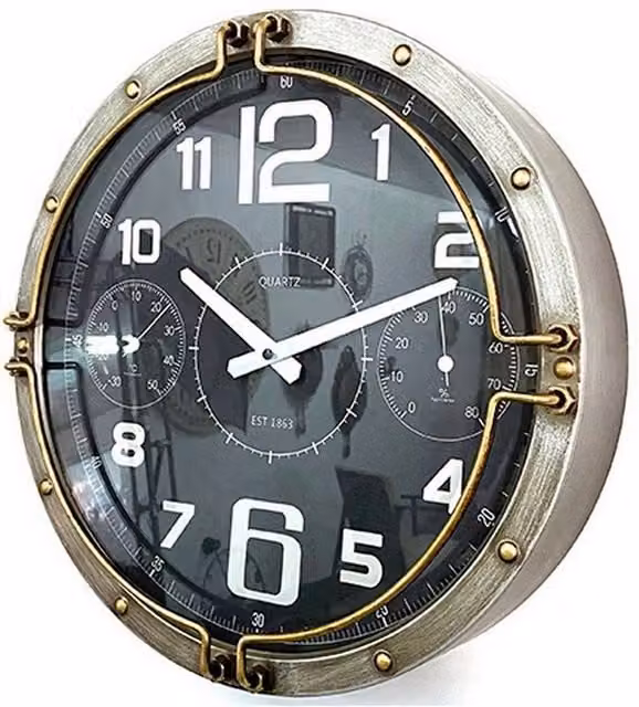 Minster Analog Round Metal Wall Clock in Silver and Grey, W40 x H40 x D8 cm