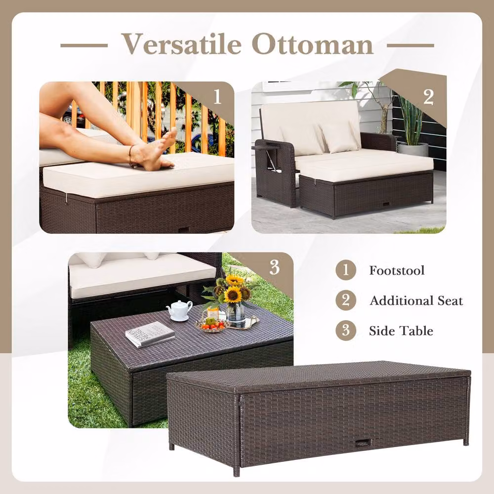 Costway White Polyrattan Patio Daybed Set with Loveseat Sofa, Ottoman and Side Tray – 7