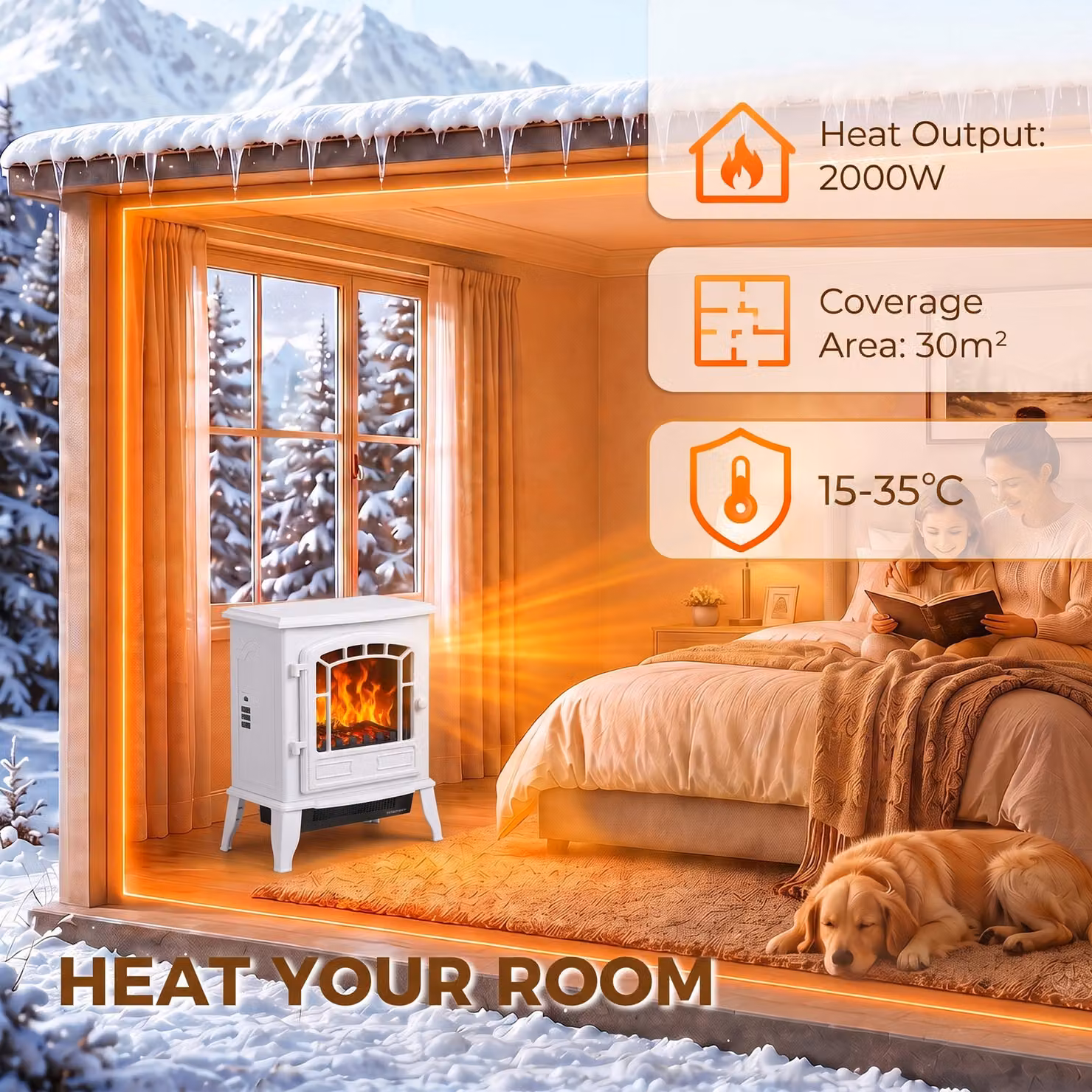 HOMCOM White Freestanding Electric Fireplace Stove with LED Flame Effect and Adjustable Thermostat, 2000W – 5