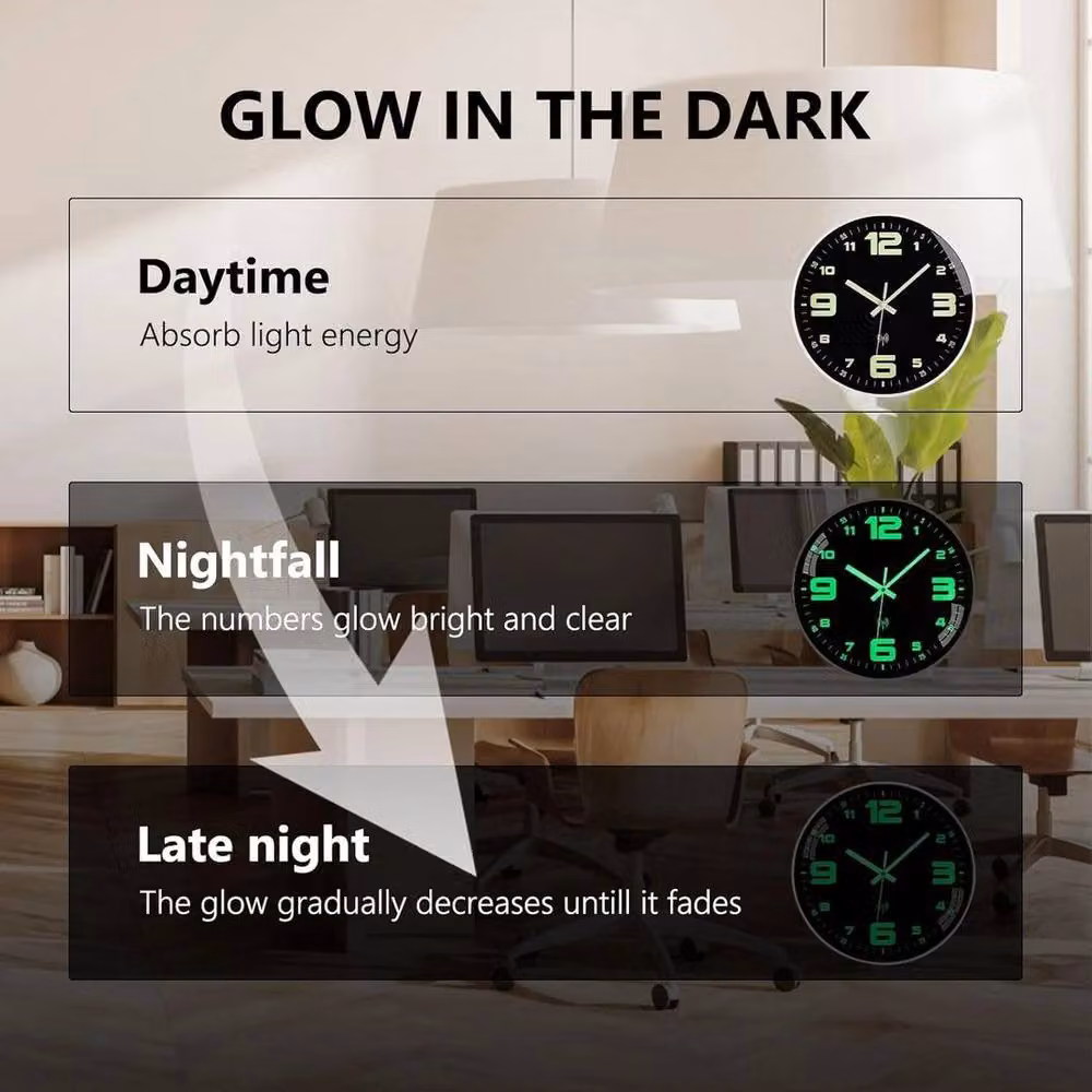 NESTLUNE Modern Round Quartz Silent Wall Clock with Luminous Glow in Black – 6