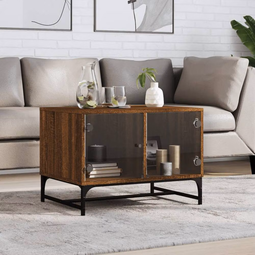 Berkfield Home Modern Coffee Table with Glass Doors in Brown Oak, W/D/H: 68.5 x 50 x 50 cm – 2