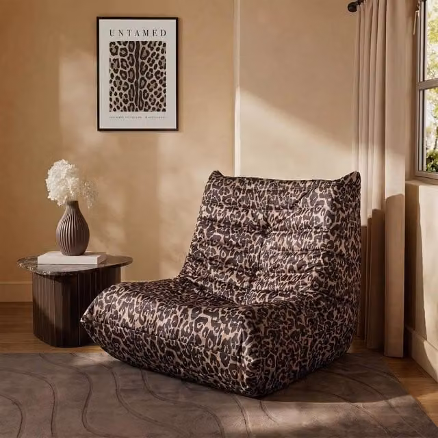 OHS Leopard Print Velvet Bean Bag Chair in Brown