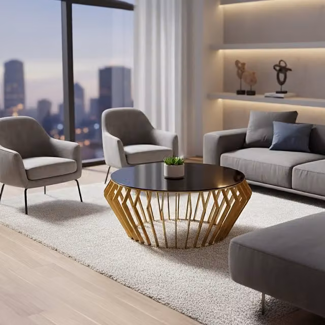 Orsina Modern Round Gold Coffee Table with Black Glass