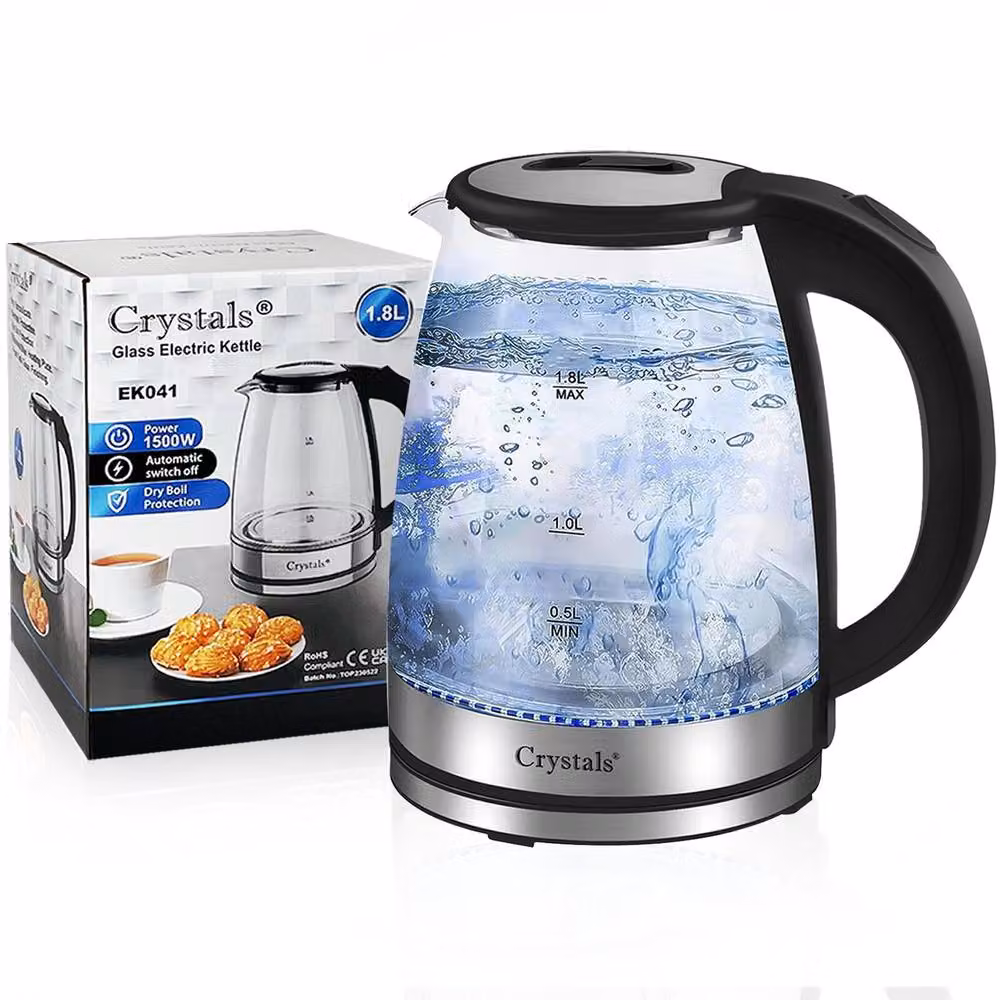 Crystals 1.8L Glass Electric Kettle with 360 Degree Base and Blue LED Light, 1500W, Clear, Diameter: 24 cm – 3