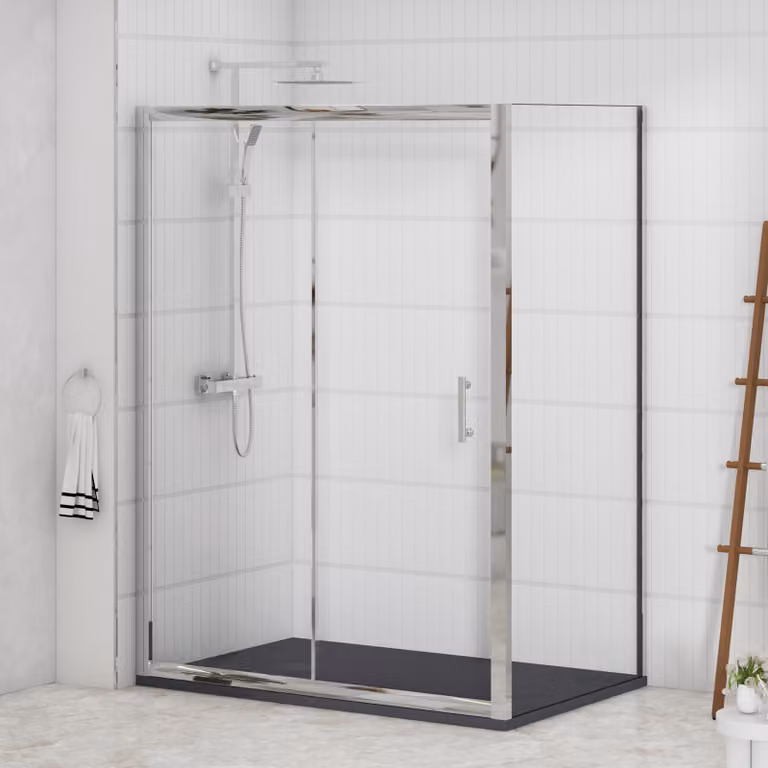 Royal Bathrooms Grand Sliding Door Shower Enclosure with Side Panel and Grey Slate Effect Mineral Cast Stone Shower Tray, W: 120 cm, D: 80 cm, H: 185 cm, 6mm Glass