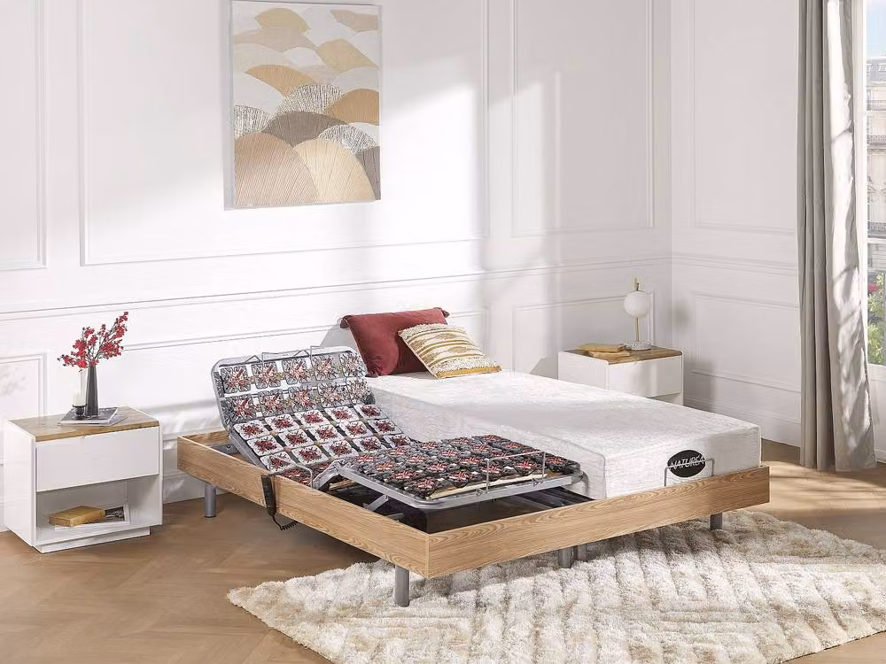 Vente-unique Electric Adjustable Single Bed in Light Oak with Wireless Remote and Fabric Head and Foot Pads, W/D/H: 90 x 200 x 35 cm – 2