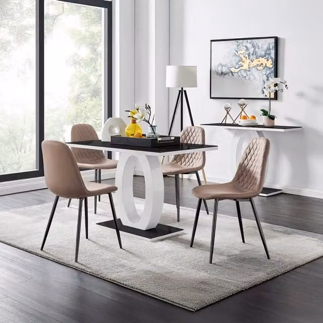 FurnitureboxUK Giovani Cappuccino Dining Set with Rectangular Glass Table and Four Black Corona Chairs