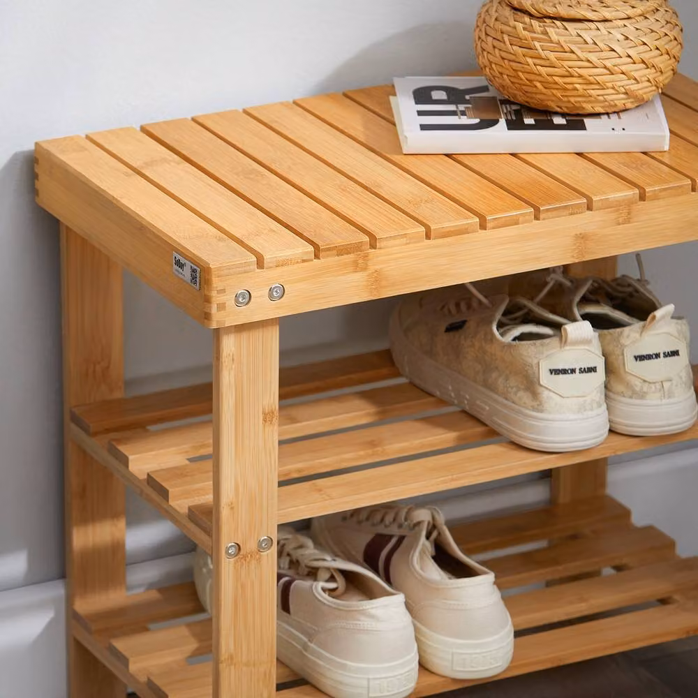 SoBuy Entrance Shoe Rack and Bench in Natural Bamboo Wood – 3