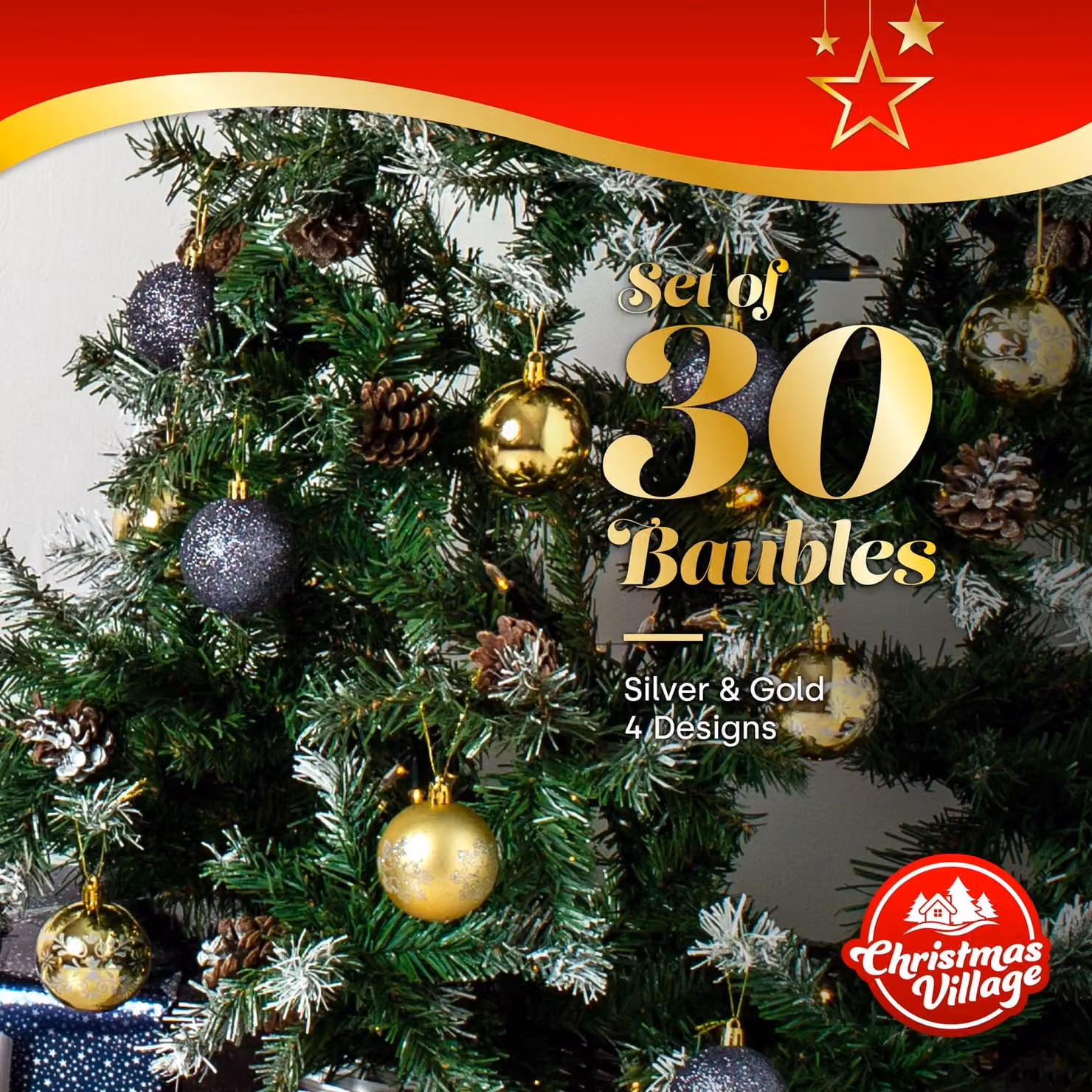 Christmas Village 30 Piece Classic Christmas Bauble Set in Gold and Silver, 6 cm Round Hanging Ornaments – 3