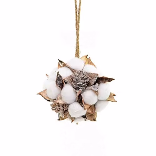 Shatchi Rustic Cotton Ball Christmas Hanging Pine Cone Decorations, White and Brown, 10 cm
