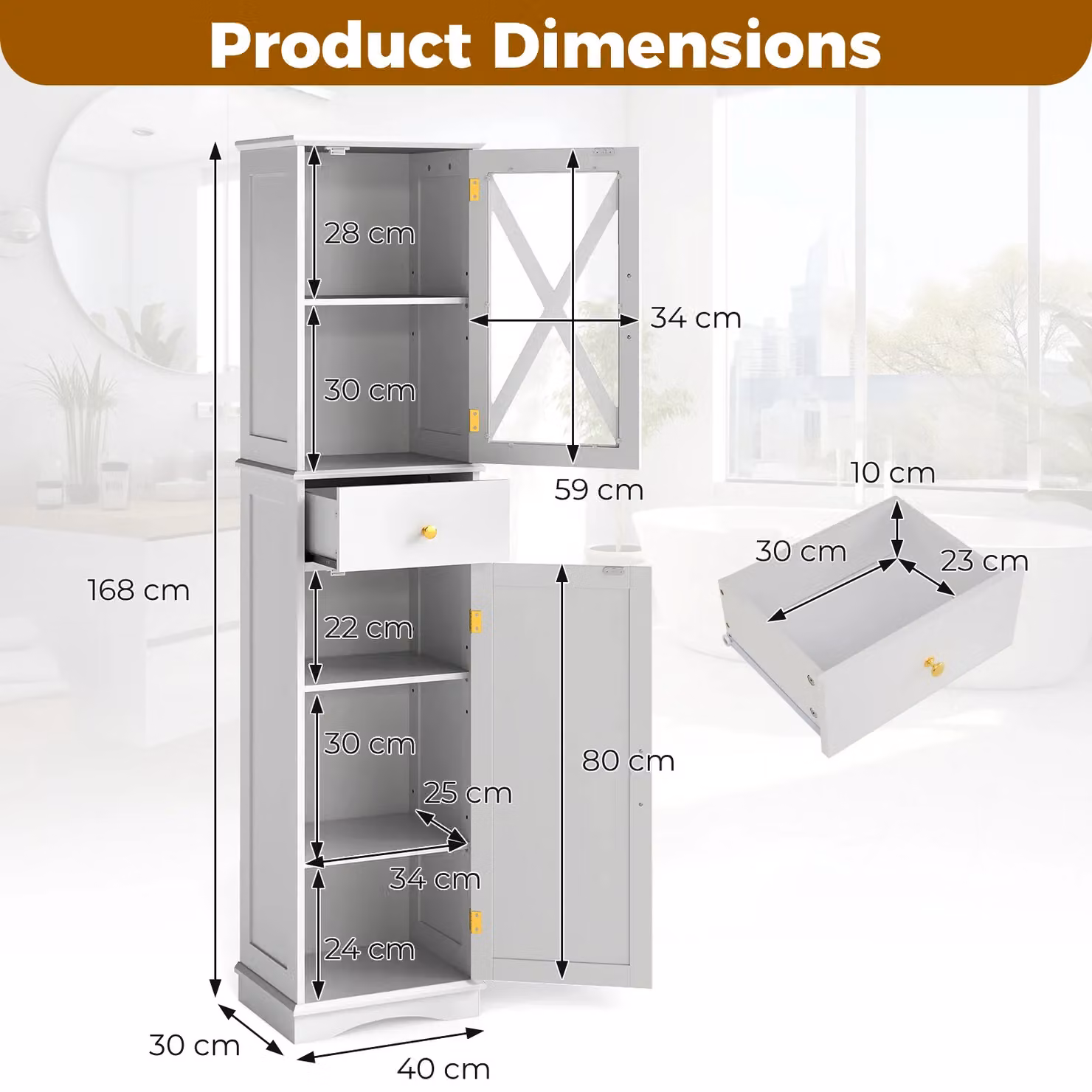 Gymax Freestanding Tall Storage Cupboard with Glass Doors and Internal Shelves in White and Gold – 2